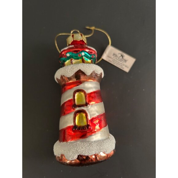 Red & White Striped Lighthouse Christmas Ornament Kurt Adler Glass Holiday Decor - Picture 6 of 8